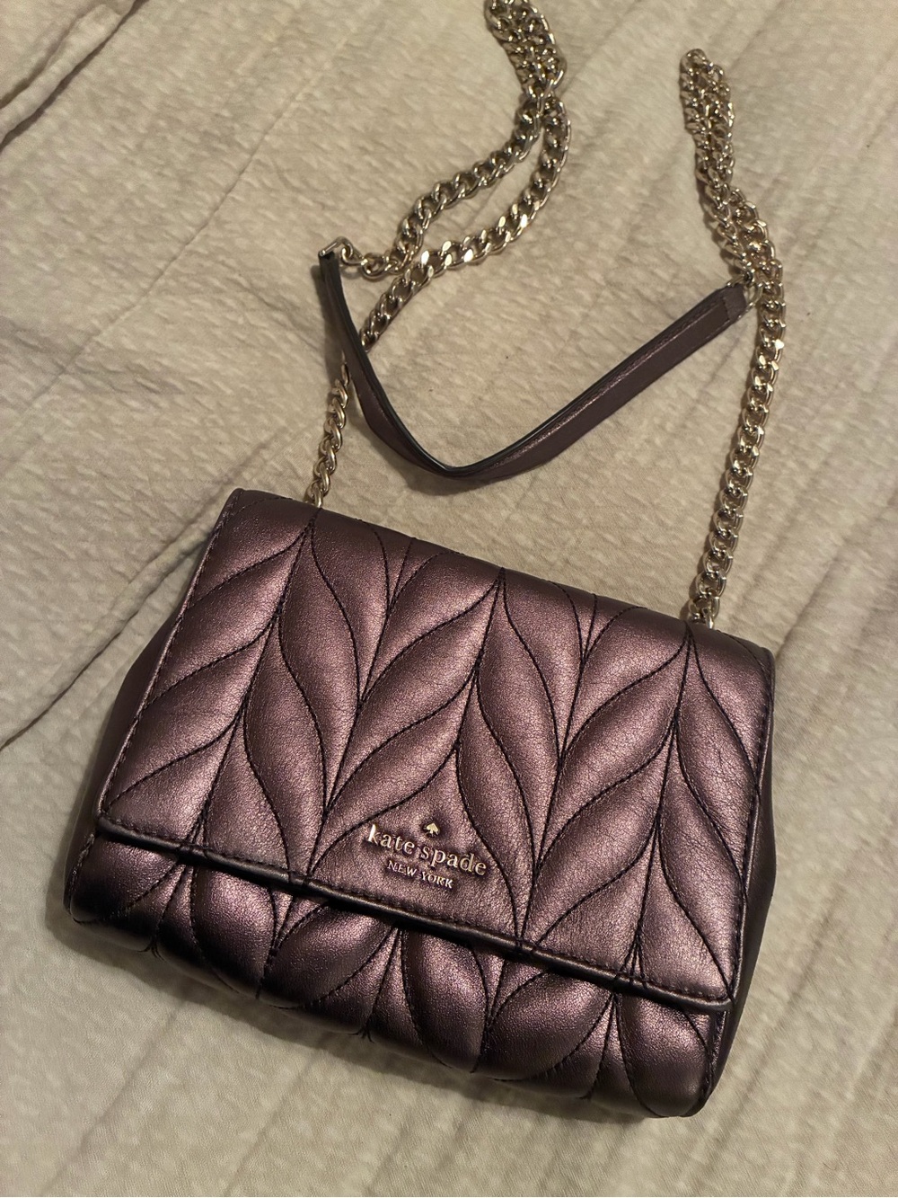 Kate Spade Metallic Plum Quilted Crossbody with Gold Chain